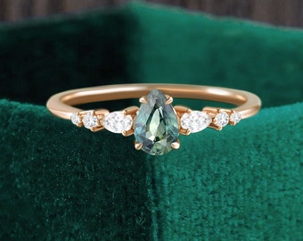 Pear Teal Sapphire Engagement Ring, Moissanite Diamond, 14K Rose Gold