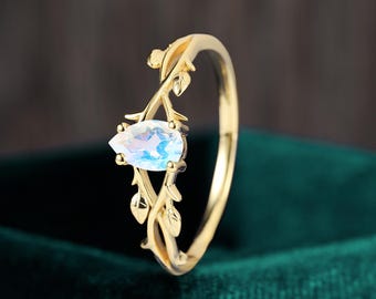Pear Moonstone Engagement Ring, Leaf Twig 14K Gold Band