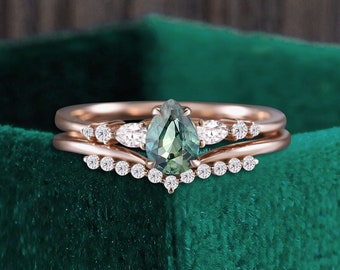 Pear Teal Sapphire Rose Gold Bridal Ring Set, Moissanite Diamond Wedding Band