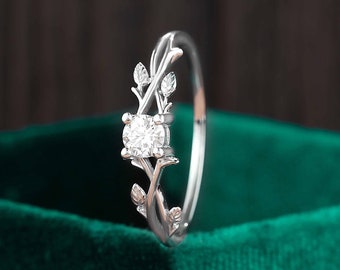 Moissanite Engagement Ring, Unique Leaf White Gold Anniversary Ring
