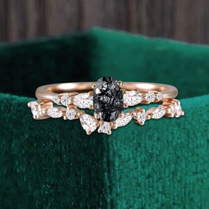 Oval cut black rutilated quartz rose gold bridal set, pear shaped moissanite engagement ring, promise marquise diamond stacking wedding band