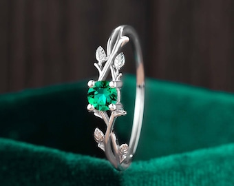 Lab Emerald Engagement Ring: Vintage Leaf Twig, 14K White Gold