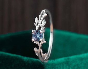 Lab Alexandrite Engagement Ring, Nature Inspired White Gold Leaf Band