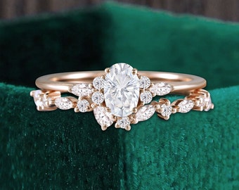 Conjunto nupcial de oro rosa moissanita de talla ovalada, anillo de compromiso nupcial de aniversario de diamante de talla marquesa, promesa de alianza de boda apilable en forma de pera
