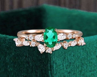 Oval cut lab emerald rose gold bridal set, unique marquise cut moissanite engagement ring, pear shaped diamond stacking bridal wedding band