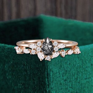 Pear shaped black rutilated quartz rose gold bridal set Marquise moissanite engagement ring Diamond stacking wedding band Anniversary ring