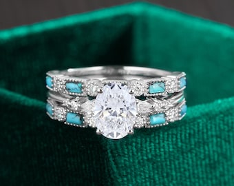 3Pcs Oval lab grown diamond ring bridal set white gold Pear shaped anniversary engagement ring Turquoise diamond milgrain wedding band women