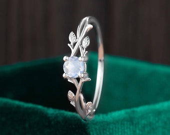 Solitaire moonstone engagement ring Vintage twig twisted white gold anniversary ring Nature inspired leaf ring Promise prong set curved ring
