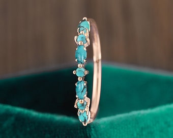 Marquise Turquoise Rose Gold Wedding Band, Vintage Stacking Ring