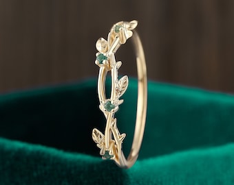 Moss Agate Rose Gold Wedding Band, Nature Leaf Ring