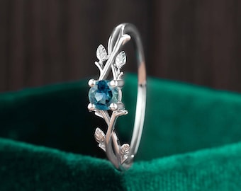 Teal Sapphire Engagement Ring, Nature Inspired White Gold Leaf Band