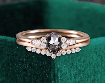 Oval cut salt and pepper diamond rose gold bridal set, unique marquise moissanite engagement ring, stacking diamond anniversary wedding band