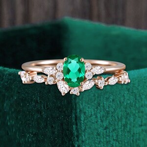 Oval cut lab emerald rose gold bridal set, marquise moissanite anniversary bridal engagement ring, pear shaped diamond matching wedding band image 1