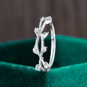 White Gold Leaf Moissanite Wedding Ring Delicate Diamond Wedding Band Dainty Simple Stacking Matching Ring Nature inspired Twig Twist Ring