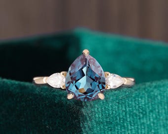 Pear Lab Alexandrite Engagement Ring, Moissanite Yellow Gold Bridal Ring