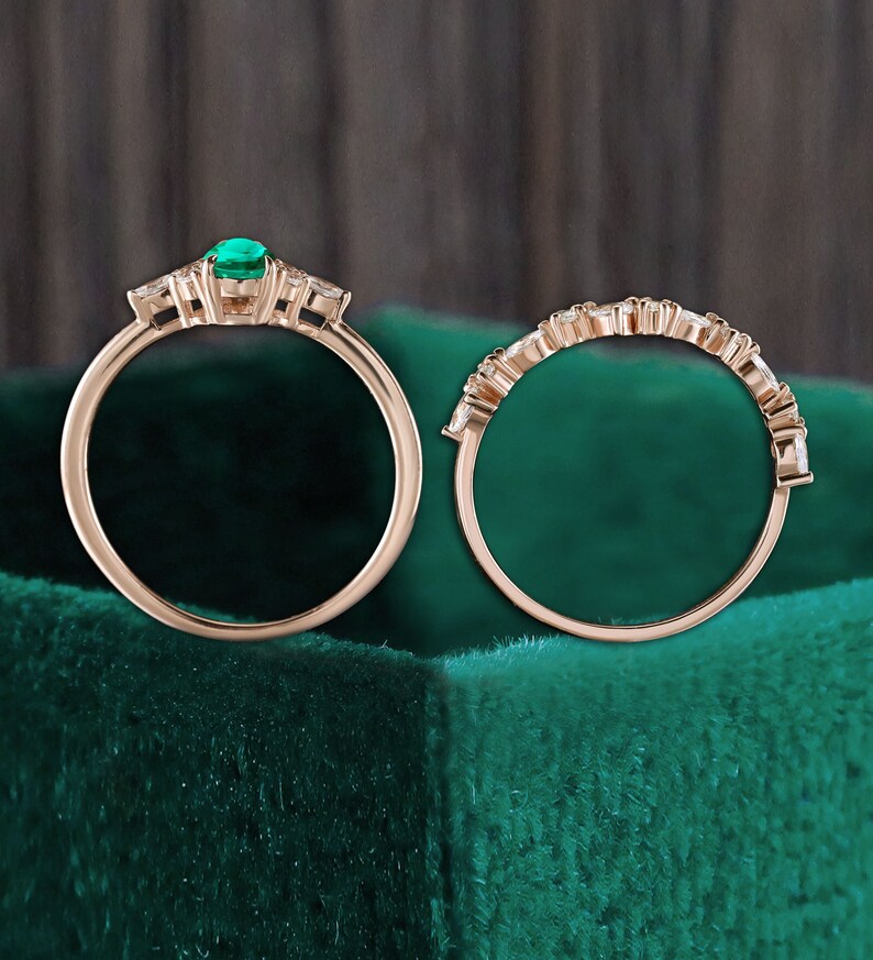 Oval cut lab emerald rose gold bridal set, marquise moissanite anniversary bridal engagement ring, pear shaped diamond matching wedding band image 6