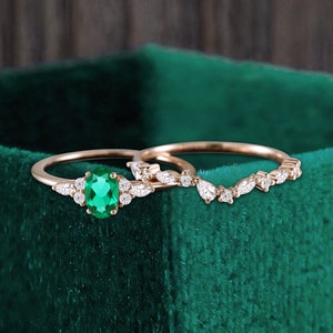 Oval cut lab emerald rose gold bridal set, marquise moissanite anniversary bridal engagement ring, pear shaped diamond matching wedding band image 4
