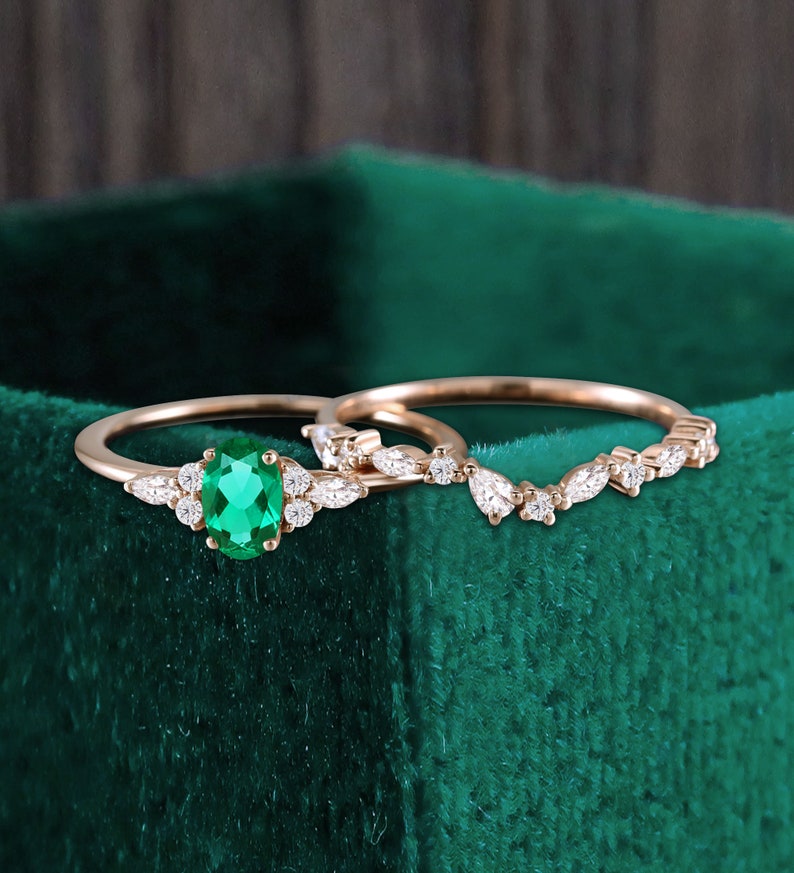 Oval cut lab emerald rose gold bridal set, marquise moissanite anniversary bridal engagement ring, pear shaped diamond matching wedding band image 4