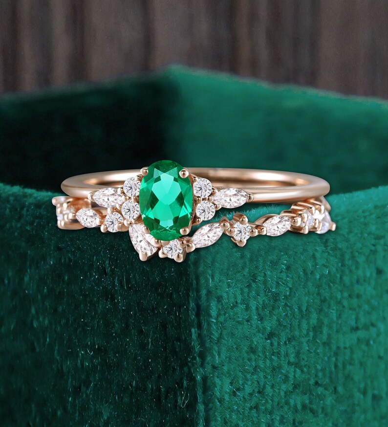 Oval cut lab emerald rose gold bridal set, marquise moissanite anniversary bridal engagement ring, pear shaped diamond matching wedding band image 2
