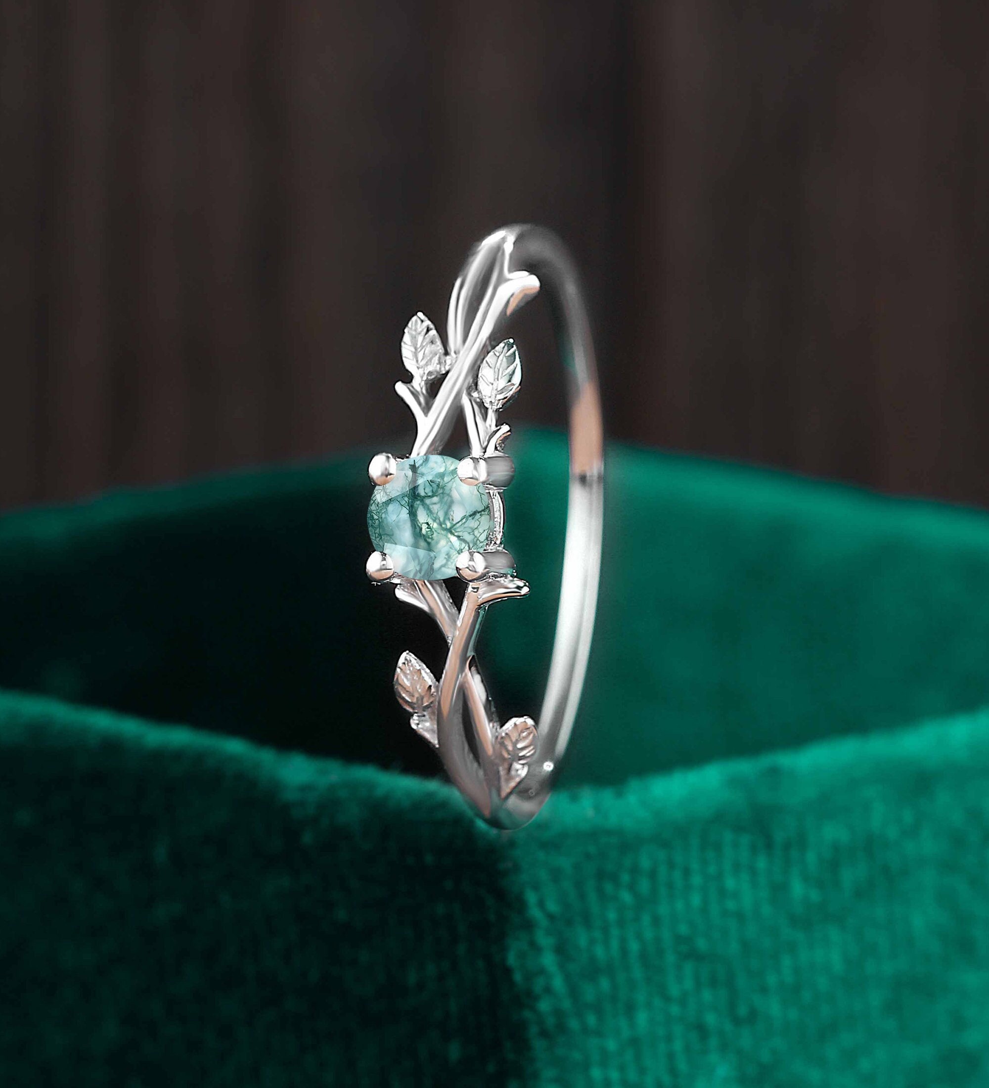 Solitaire moss agate engagement ring Unique leaf white gold anniversary ring Nature inspired twig twisted ring Promise curved wedding ring
