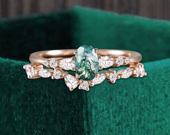 Oval cut prong moss agate rose gold bridal set, pear shaped moissanite anniversary engagement ring, marquise diamond stacking wedding band