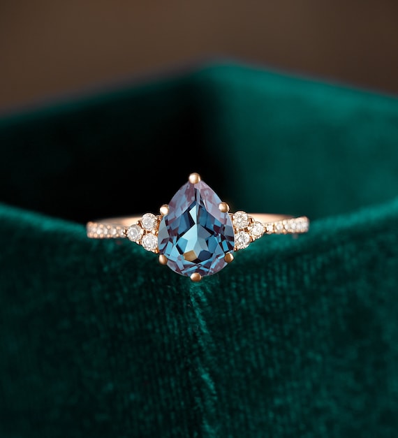 Pear shaped alexandrite ring, vintage engagement ring rose gold, diamond  half eternity wedding ring, unique moissanite promise bridal ring
