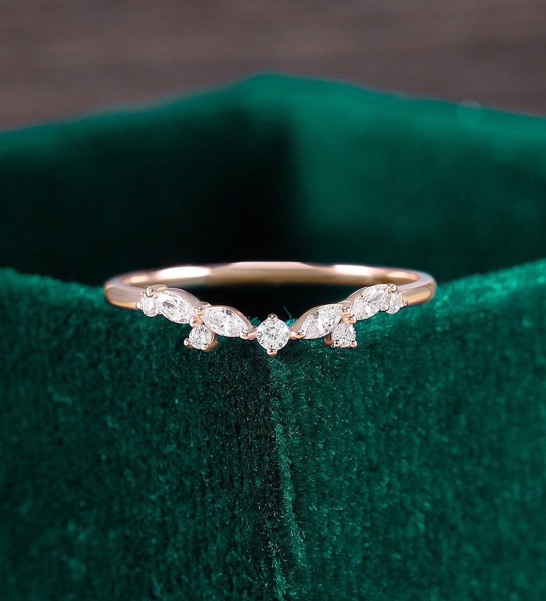 Marquise Cut Moissanite Wedding Band Diamond Curved Rose Gold Stacking ...