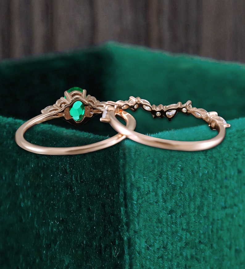 Oval cut lab emerald rose gold bridal set, marquise moissanite anniversary bridal engagement ring, pear shaped diamond matching wedding band image 5