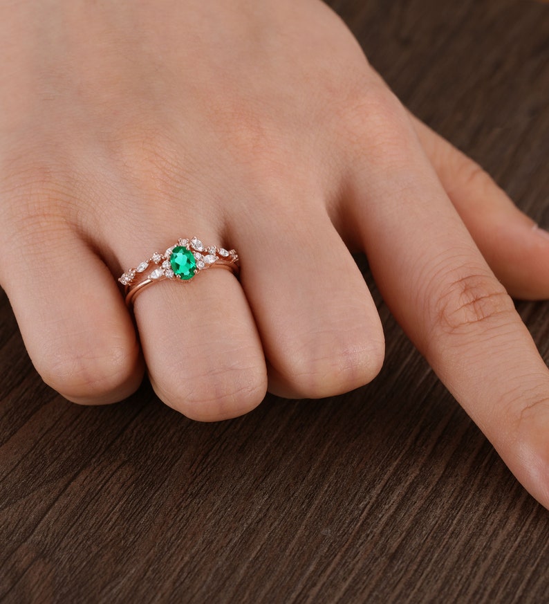 Oval cut lab emerald rose gold bridal set, marquise moissanite anniversary bridal engagement ring, pear shaped diamond matching wedding band image 10