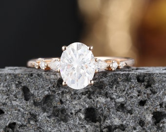 Oval Moissanite Engagement Ring: Vintage Rose Gold, Pear Diamond Accents