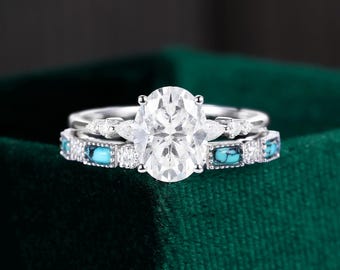 Oval cut moissanite engagement ring bridal set Pear shaped diamond white gold ring Milgrain baguette cut turquoise anniversary wedding band