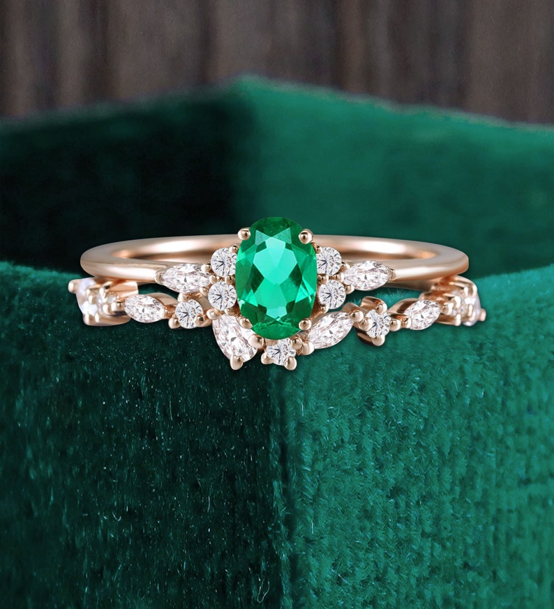 Oval cut lab emerald rose gold bridal set, marquise moissanite anniversary bridal engagement ring, pear shaped diamond matching wedding band image 1