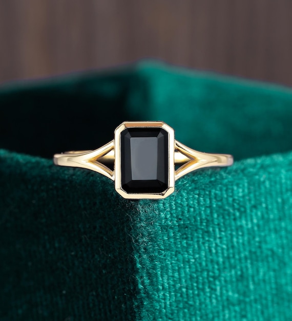 Yellow Gold Ring Emerald Cut Black Onyx Ring Emerald Cut Natural