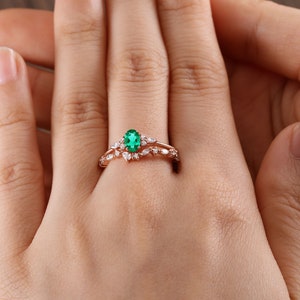 Oval cut lab emerald rose gold bridal set, marquise moissanite anniversary bridal engagement ring, pear shaped diamond matching wedding band image 8