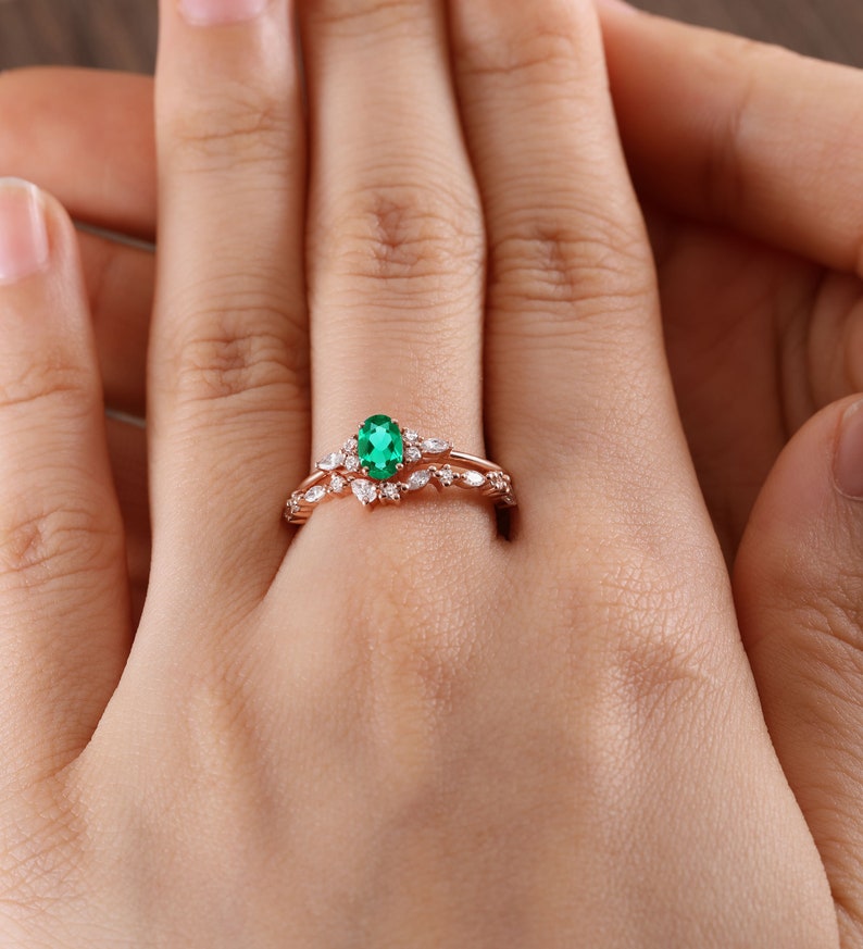 Oval cut lab emerald rose gold bridal set, marquise moissanite anniversary bridal engagement ring, pear shaped diamond matching wedding band image 8