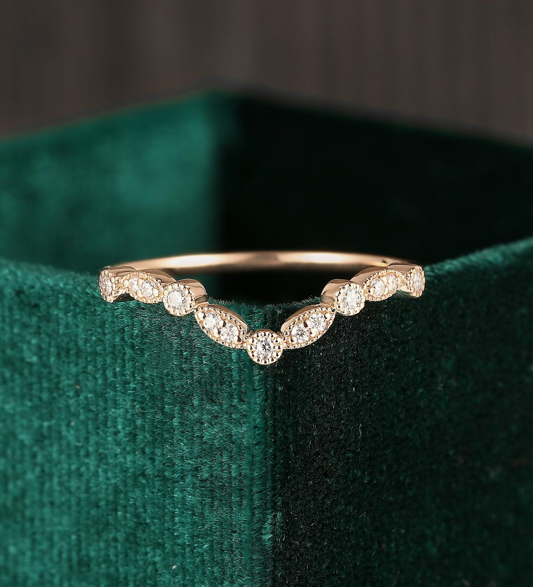 Unique Moissanite Wedding Band Rose Gold Ring Chevron Diamond Stacking ...