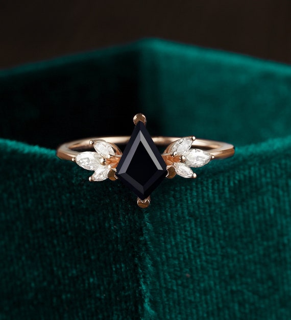 Kite Cut Black Onyx Engagement Ring, Rose Gold Vintage Wedding