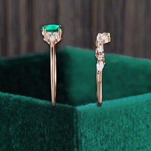 Oval cut lab emerald rose gold bridal set, marquise moissanite anniversary bridal engagement ring, pear shaped diamond matching wedding band image 7