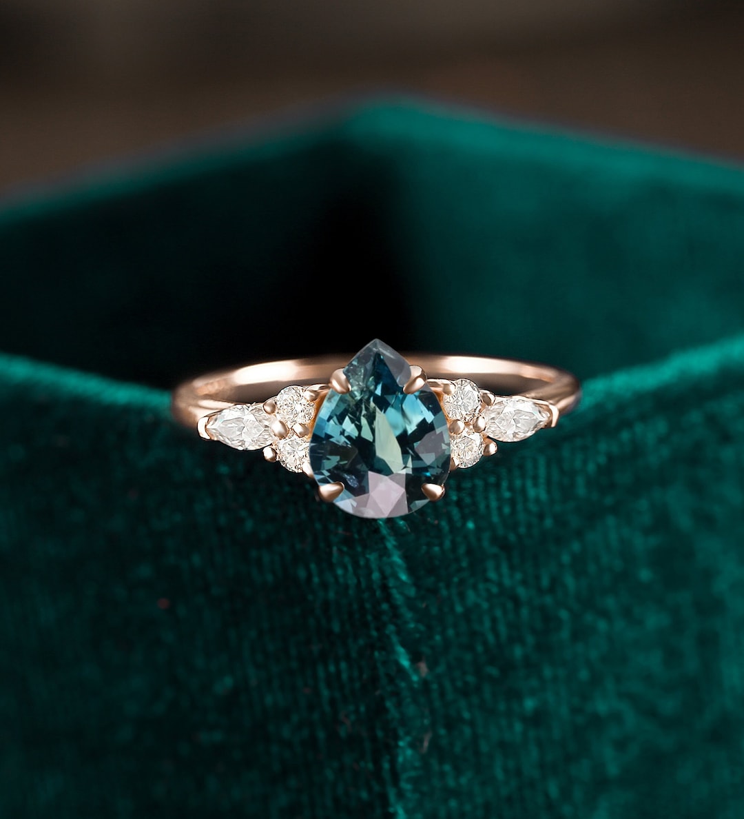 Pear Shaped Teal Sapphire Engagement Ring, Blue Green Sapphire Rose — free download