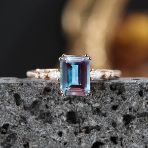 Emerald cut alexandrist engagement ring vintage pear shaped diamond women moissanite rose gold art deco solid gold unique prong anniversary