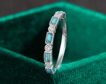 Anillo de boda de moissanita turquesa, anillo de oro blanco baguette, anillo a juego de diamantes, anillo de apilamiento de milgrain vintage, anillo de novia de aniversario