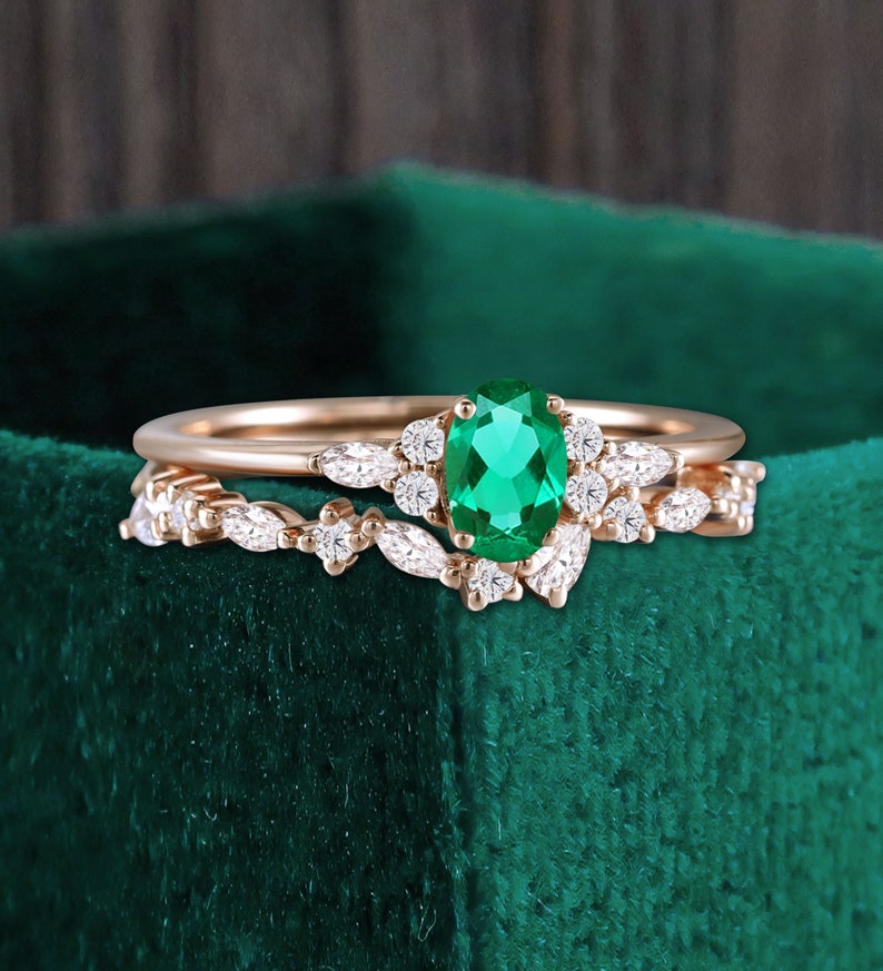 Oval cut lab emerald rose gold bridal set, marquise moissanite anniversary bridal engagement ring, pear shaped diamond matching wedding band image 3