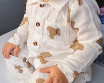 Teddy bear print unisex baby muslin pj set