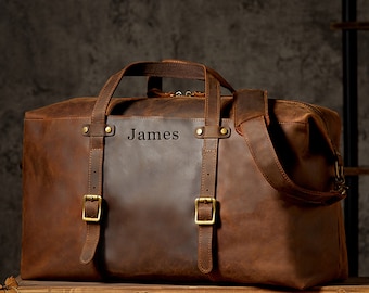 Personalized Leather Duffle Bag, Buffalo Weekender Travel Bag