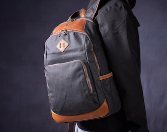 Personalized Mens Leather Backpack, Waxed Canvas Backpack, Rucksack, 16 inch laptop Bag, Gift For Him, Christmas Gift, Gift For Boyfriend