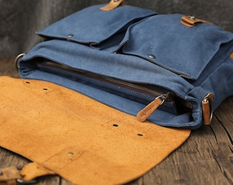 Messenger Bag, Leather Bag and Canvas Shoulder Bag, Mens Leather Satchel, Weekender Bag, Travel Bag for Men, College Bag, Laptop, Gift
