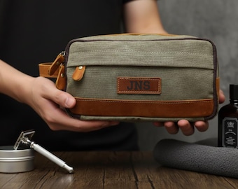 Personalized Canvas Toiletry Bag, Leather Patch Dopp Kit, Groomsmen Gift