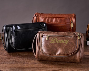 Personalized PU Leather Dopp Kit, Laser Engraved Toiletry Bag