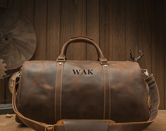 Personalized Buffalo Leather Duffle Bag, Weekender Travel Bag