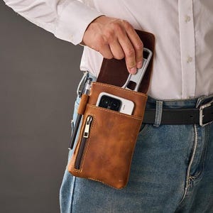 Full Grain Leather Belt Case, Personalized Leather tool Case, Large Utility Belt Bag, Gift for Dad or Him,Leather Phone & Tool Pouch.